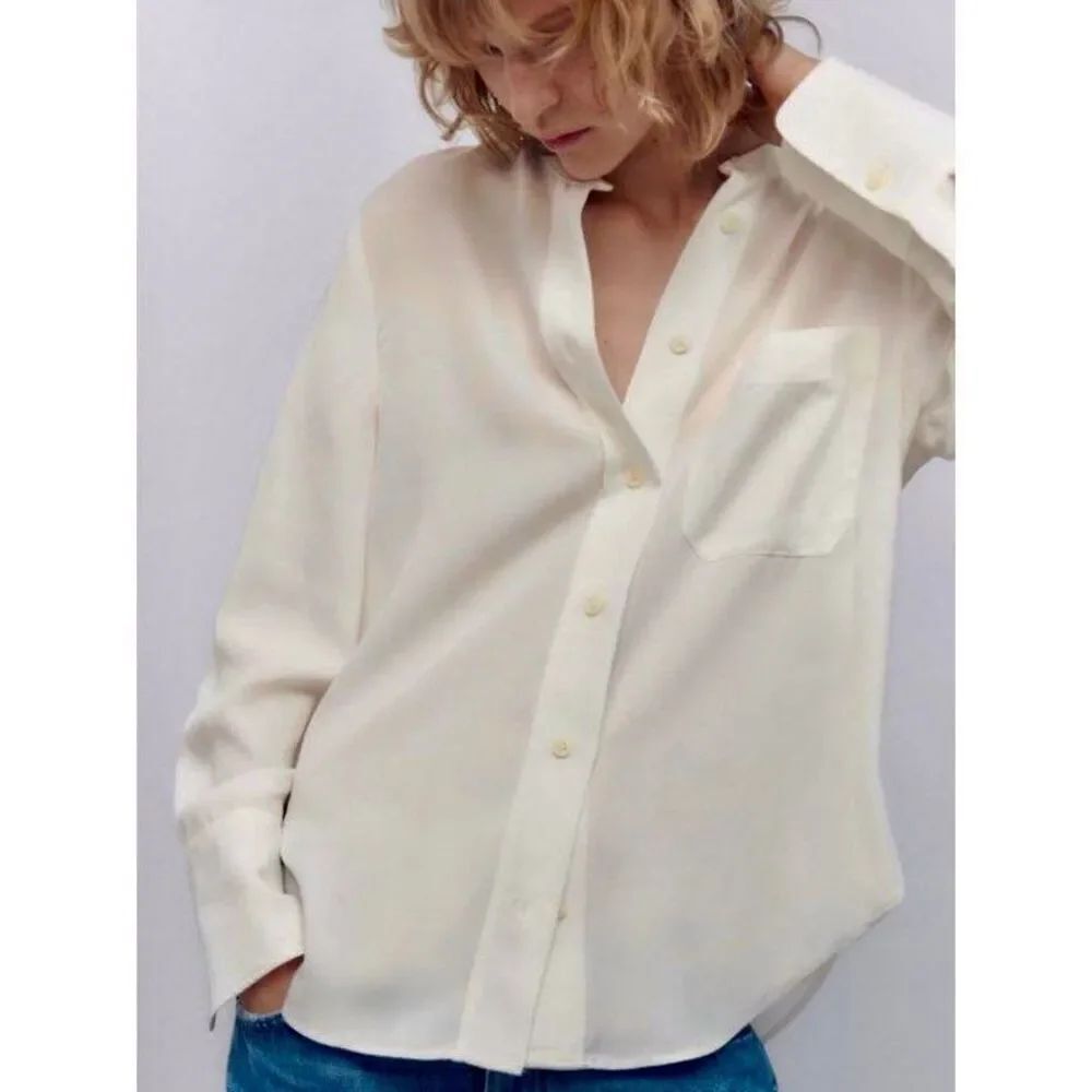 NEW ZARA Women’s Medium Ivory Cream Button Down Blouse - Picture 4 of 9